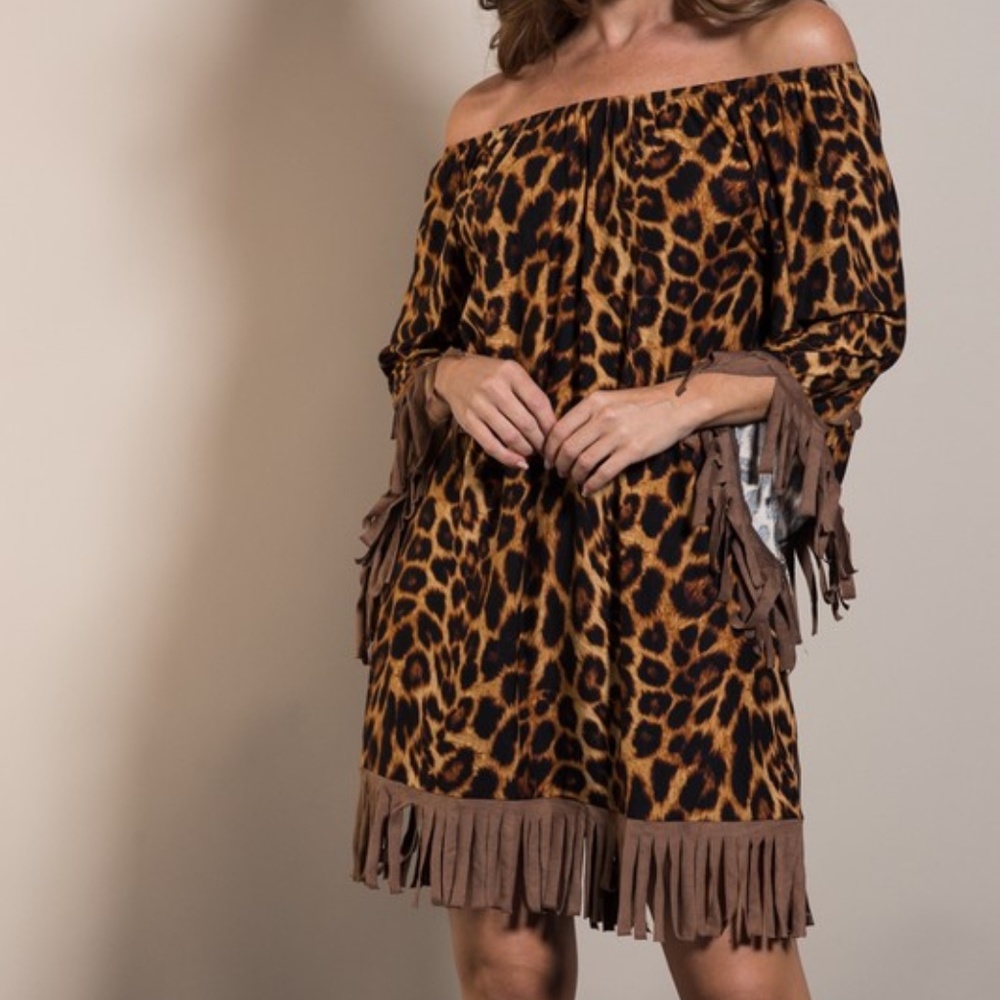 Animal Print Tunic Dress with Fringe